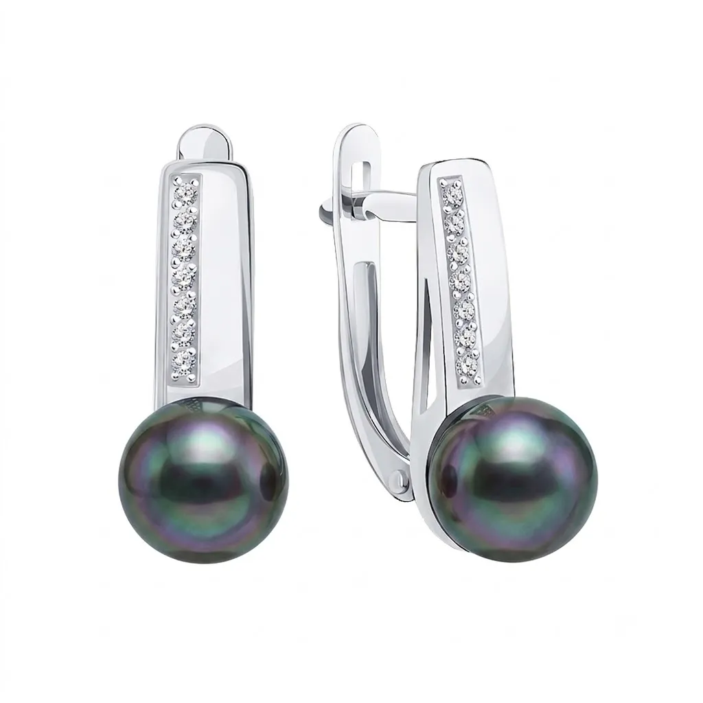 Cercei din aur alb cu Cubic Zirconia Incolor, Perla neagră