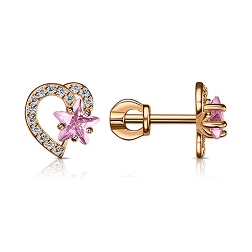 Cercei Pusete din aur roșu cu Cubic Zirconia Incolor, Cubic Zirconia Roz