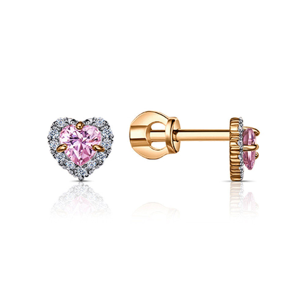 Серьги Пусеты из красного золота с камнями Фианит, Фианит Розовый
