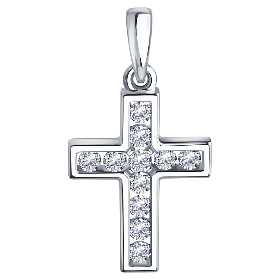 Крестик из белого золота с камнями Бриллиант