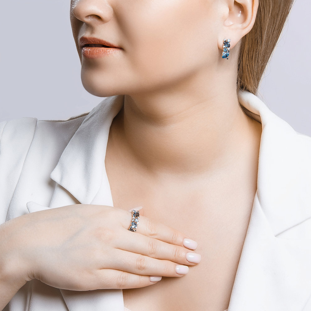 Inel din aur roșu cu pietre Cubic Zirconia Albastru Safir, Topaz Swiss și Topaz London