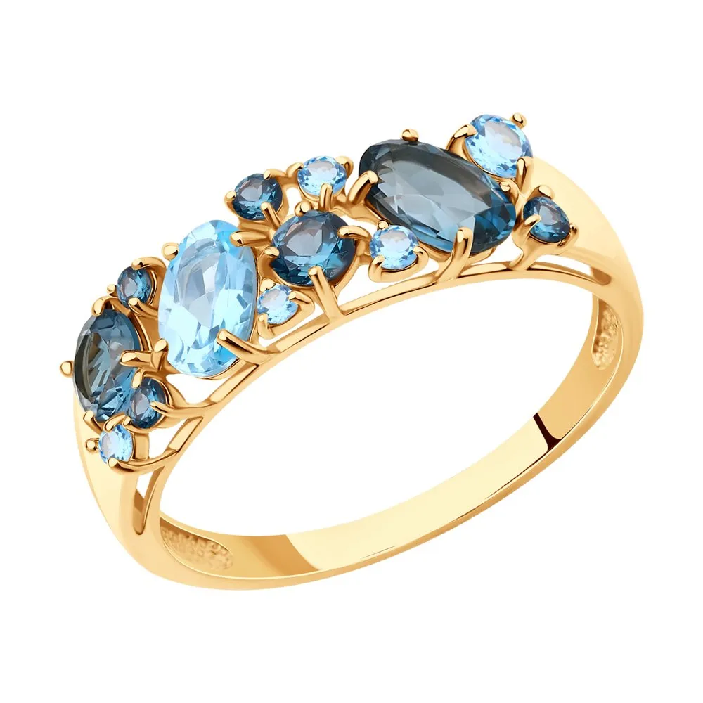Inel din aur roșu cu Cubic Zirconia Albastru Safir, Topaz Swiss și Topaz London