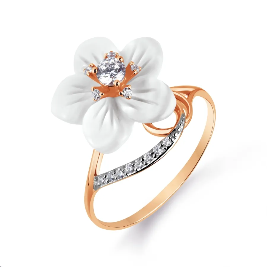Inel din aur roșu cu Cubic Zirconia Incolor, Sidef Alb