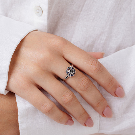 Inel din aur alb cu pietre Diamant negru, Safir