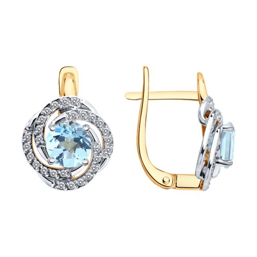 Серьги из красного золота с камнями Фианит, Топаз голубой