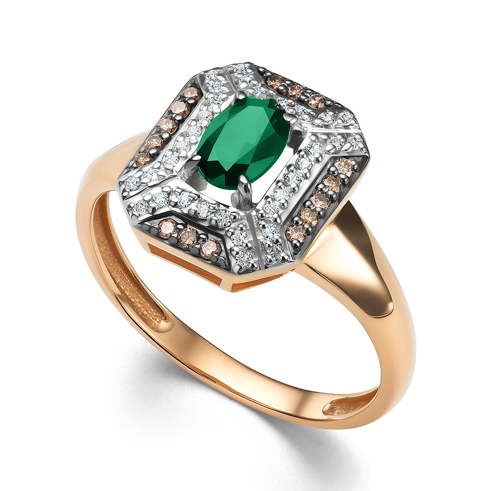 Кольцо из красного золота с камнями Бриллиант, Бриллиант коньяк и Изумруд