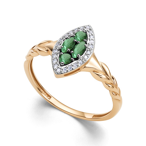 Кольцо из красного золота с камнями Бриллиант, Изумруд