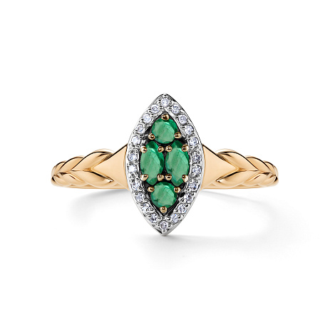 Кольцо из красного золота с камнями Бриллиант, Изумруд