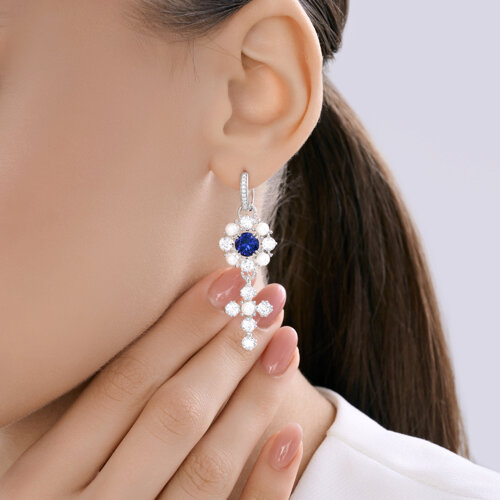 Серьги Конго из серебра с камнями Фианит, Жемчуг имит. и Корунд