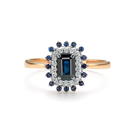 Кольцо из красного золота с камнями Бриллиант, Сапфир