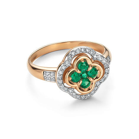 Inel din aur roșu cu pietre Diamant, Smarald