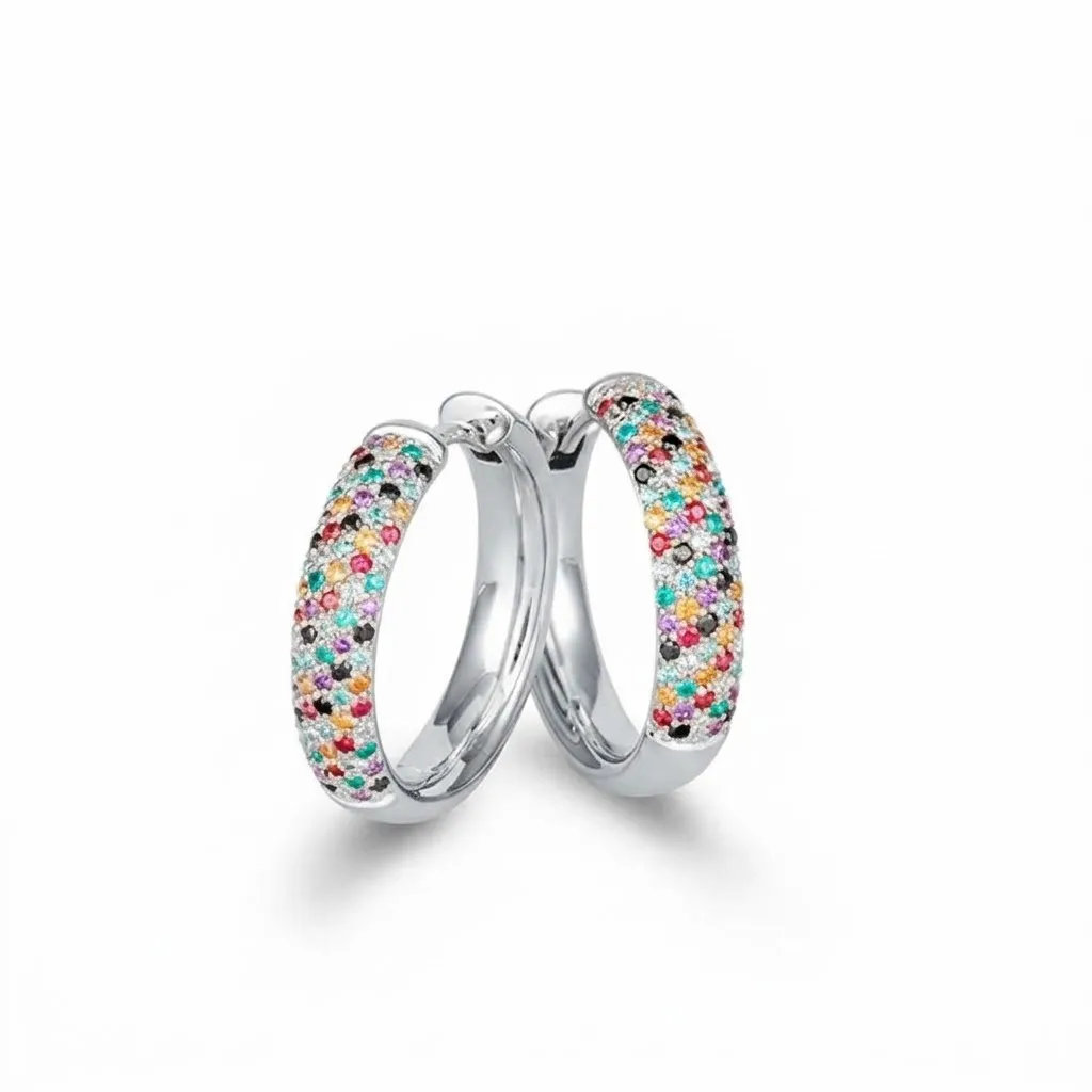 Cercei Creole din aur alb cu Diamant, Diamant negru și Diamant Ice Blue