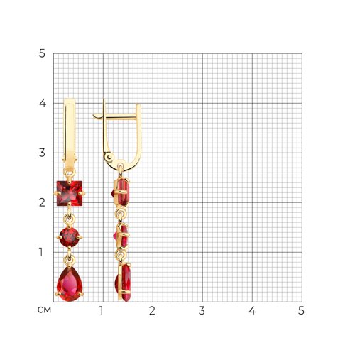 Серьги Длинные из красного золота с камнями Топаз Swarovski красный