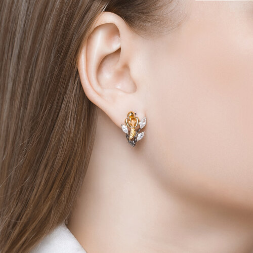 Серьги из серебра с камнями Фианит, Фианит Жёлтый и Фианит Чёрный