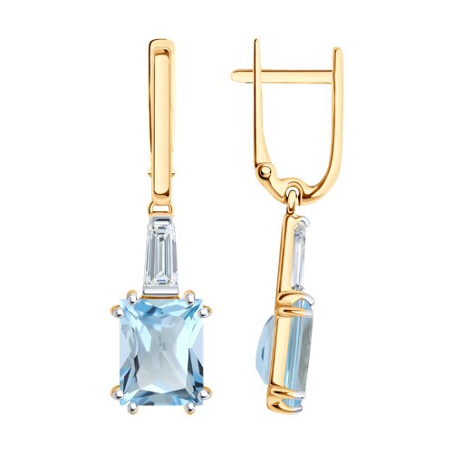 Серьги Длинные из красного золота с камнями Фианит, Топаз голубой