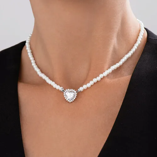 Colier din argint cu Cubic Zirconia Incolor, Perla Imit. și Fir transparent