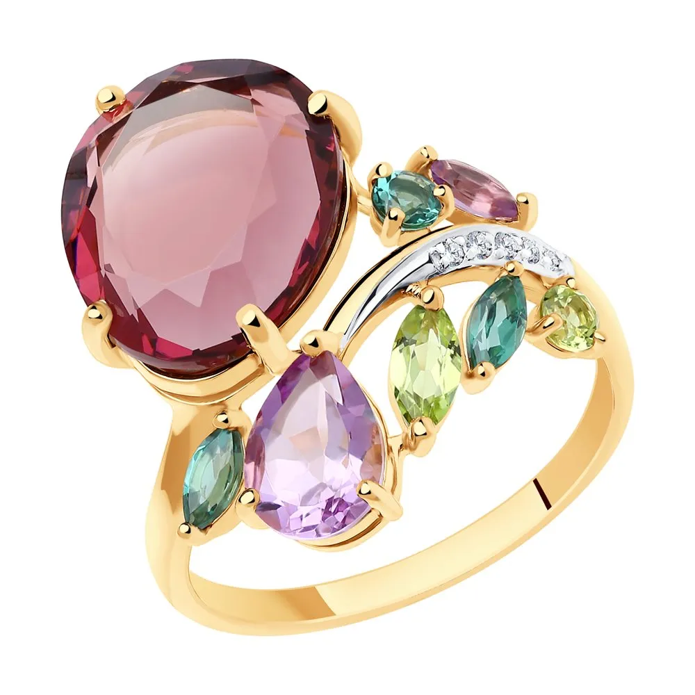 Inel din aur roșu cu Cubic Zirconia Incolor, Ametist și Crisolit