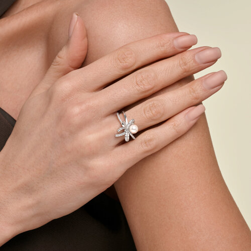 Inel din argint  cu pietre Cubic Zirconia Incolor, Perla Imit.