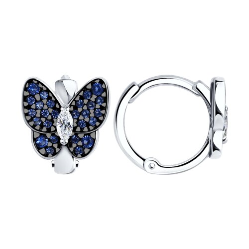 Cercei Creole din argint  cu pietre Cubic Zirconia Incolor, Cubic Zirconia Albastru Safir