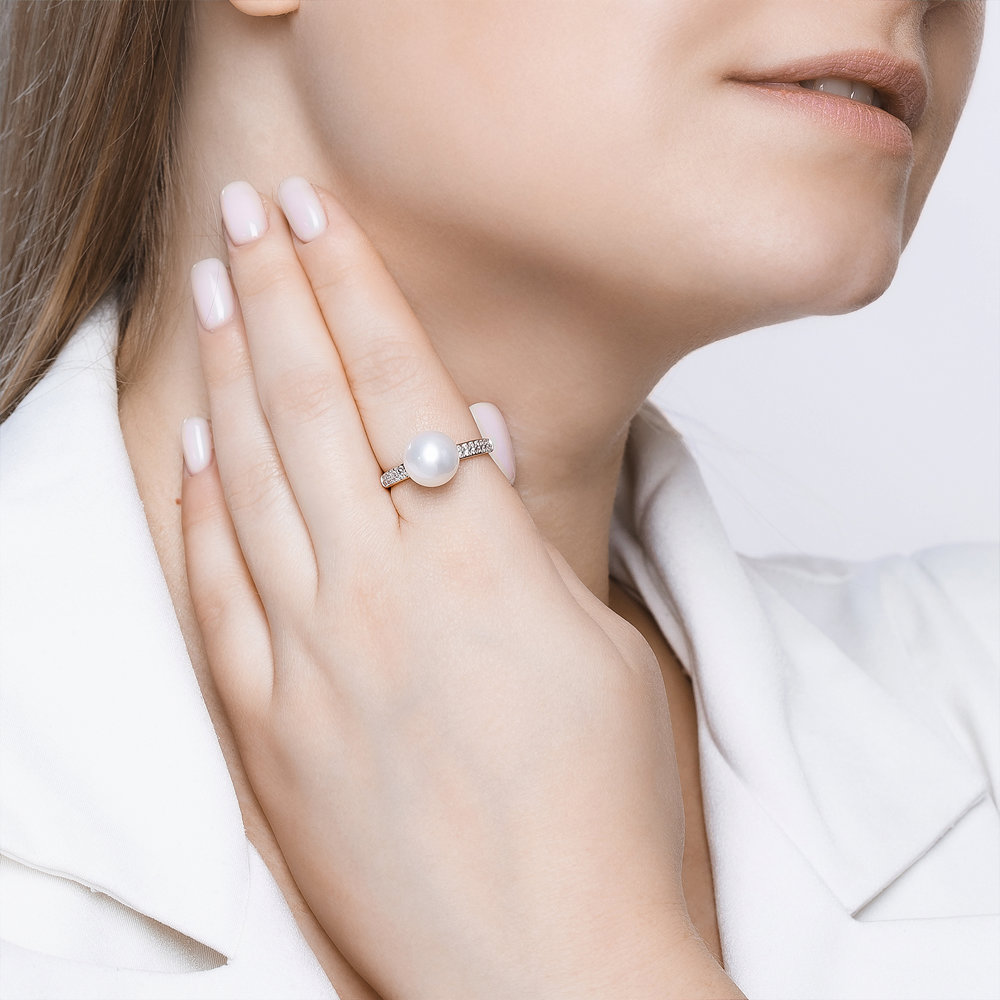 Inel din aur roșu cu pietre Cubic Zirconia Incolor, Perla Albă