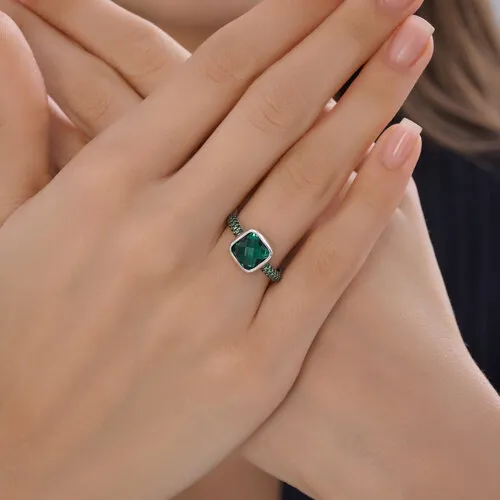Inel din argint cu Cubic Zirconia Verde, Cuart Verde (sint.)