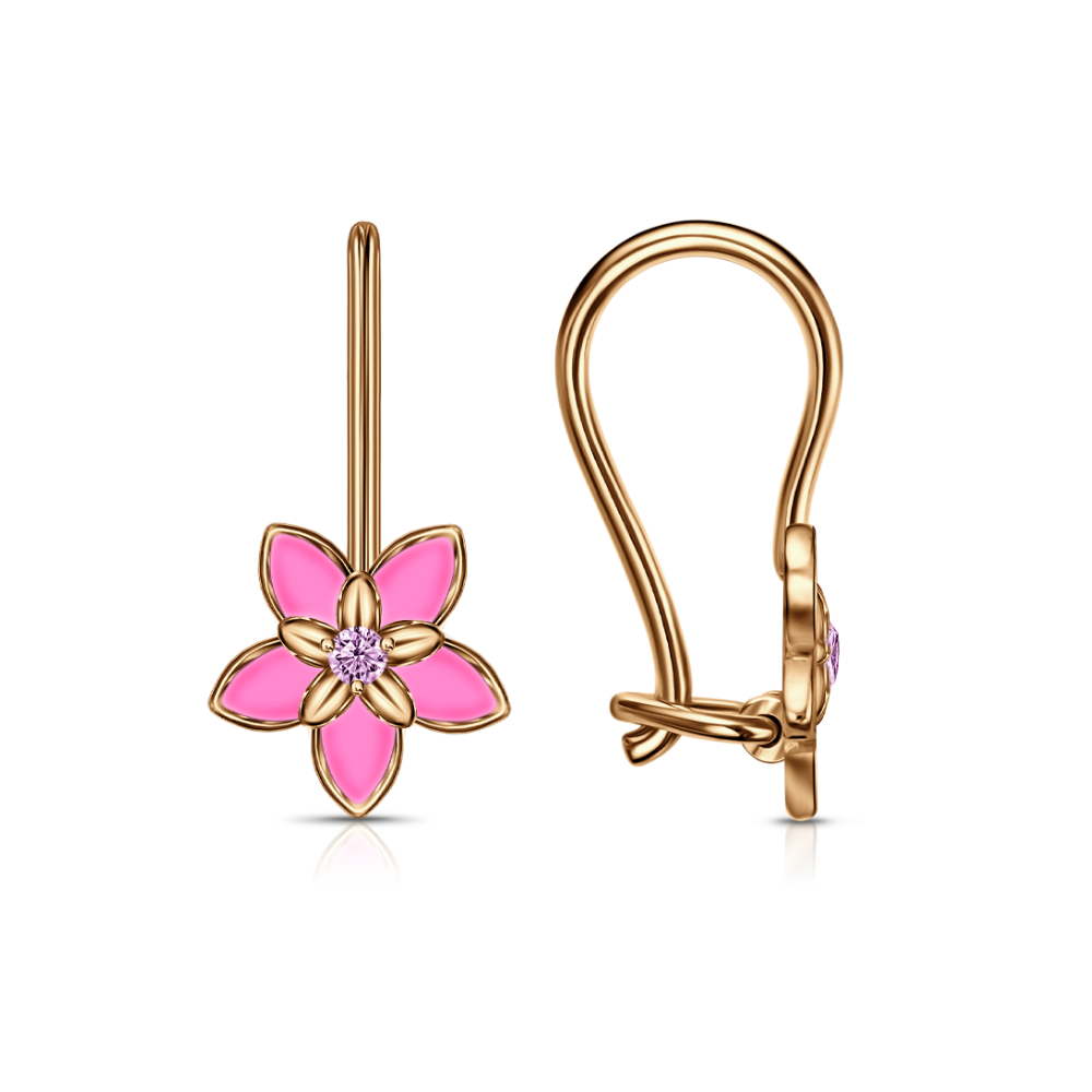 Детские серьги из красного золота с камнями Фианит Розовый, Эмаль