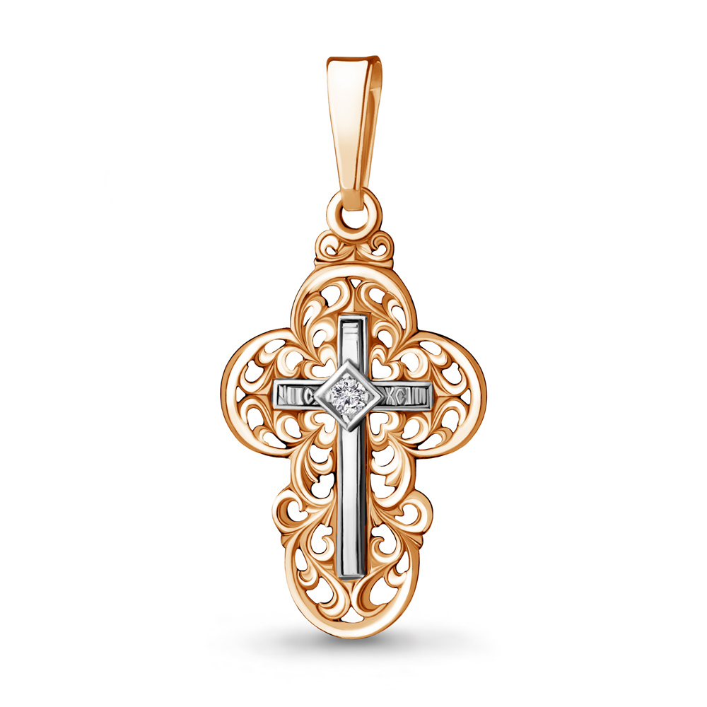 Cruce din aur roșu cu pietre Cubic Zirconia Incolor