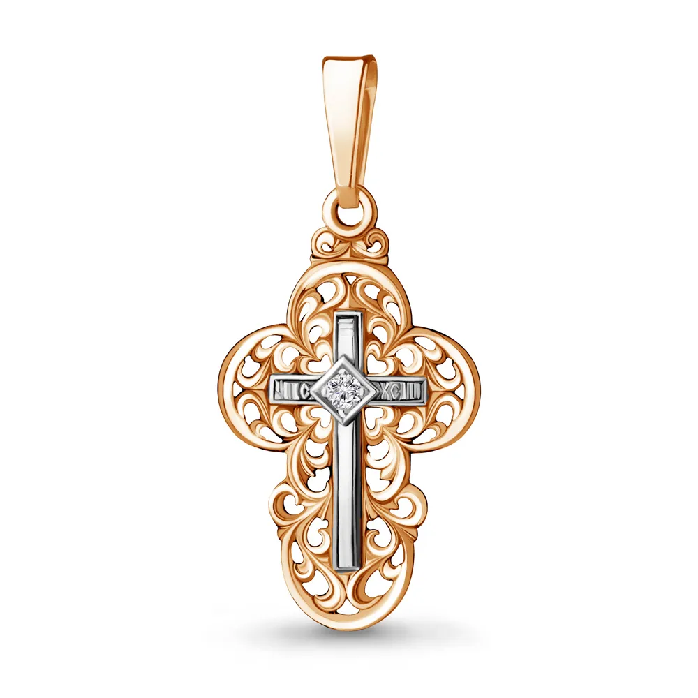 Cruce din aur roșu cu Cubic Zirconia Incolor