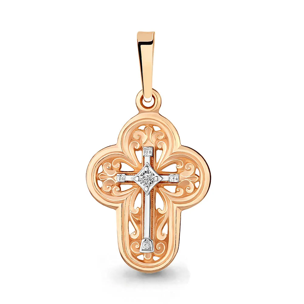 Cruce din aur roșu cu Cubic Zirconia Incolor