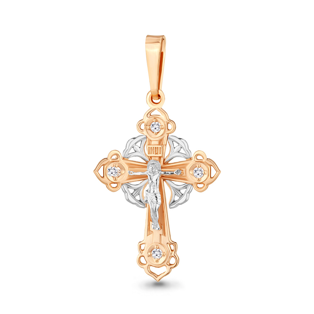 Cruce din aur roșu cu pietre Cubic Zirconia Incolor