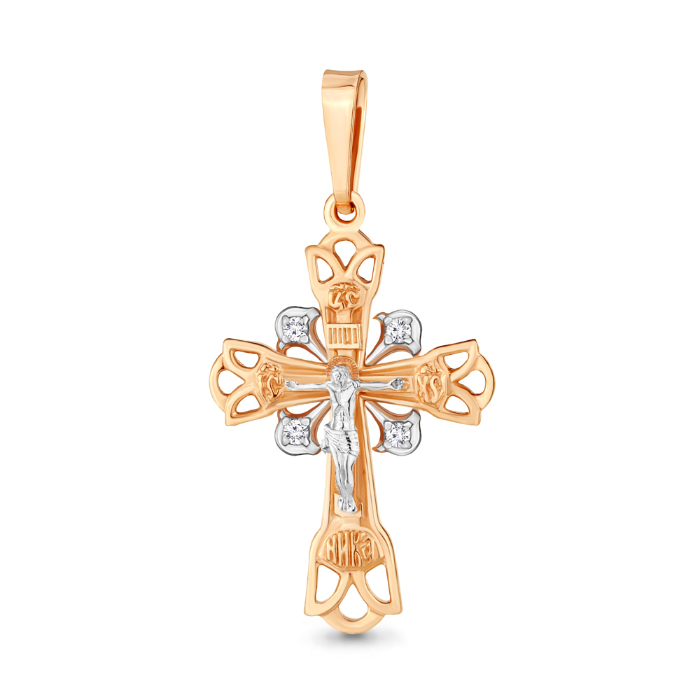 Cruce din aur roșu cu pietre Cubic Zirconia Incolor