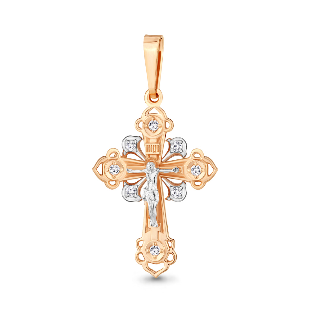 Cruce din aur roșu cu pietre Cubic Zirconia Incolor