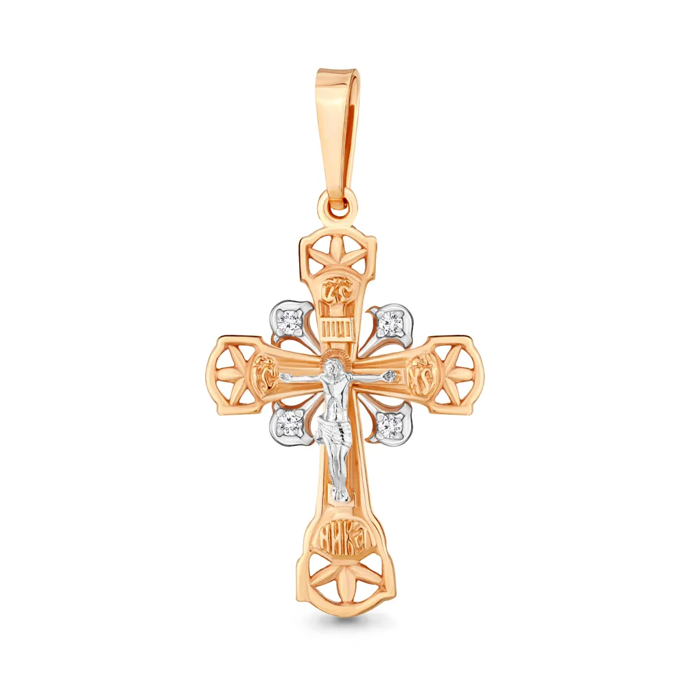 Cruce din aur roșu cu Cubic Zirconia Incolor