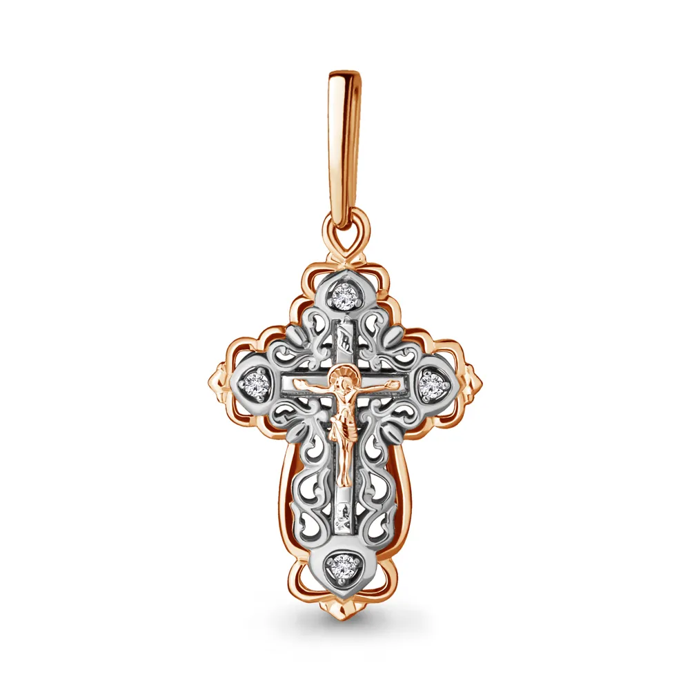 Cruce din aur alb și roșu cu Cubic Zirconia Incolor
