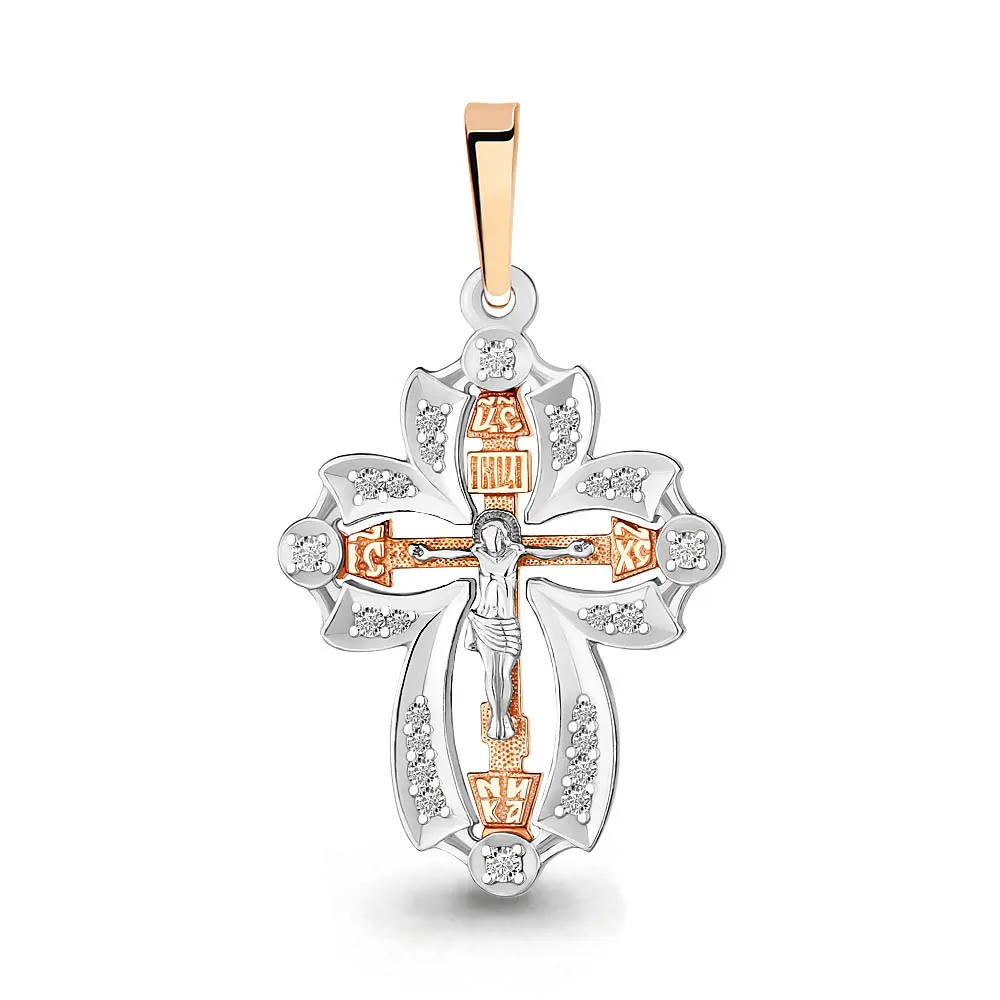 Cruce din aur alb și roșu cu Cubic Zirconia Incolor