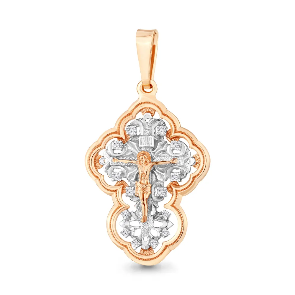 Cruce din aur roșu cu Cubic Zirconia Incolor