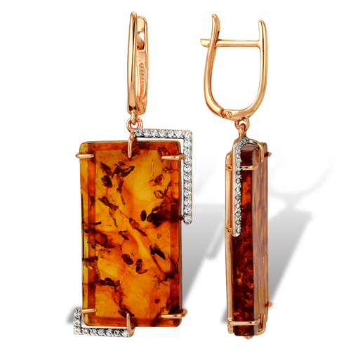 Cercei Suspendați din aur roșu cu pietre Cubic Zirconia Incolor, Chihlimbar presat