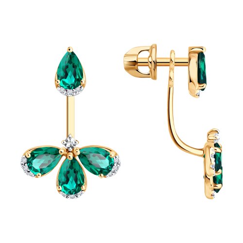 Серьги Пусеты из красного золота с камнями Бриллиант, Изумруд гидротермальный и Топаз безцветный