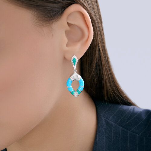Серьги Длинные из серебра с камнями Фианит, Эмаль