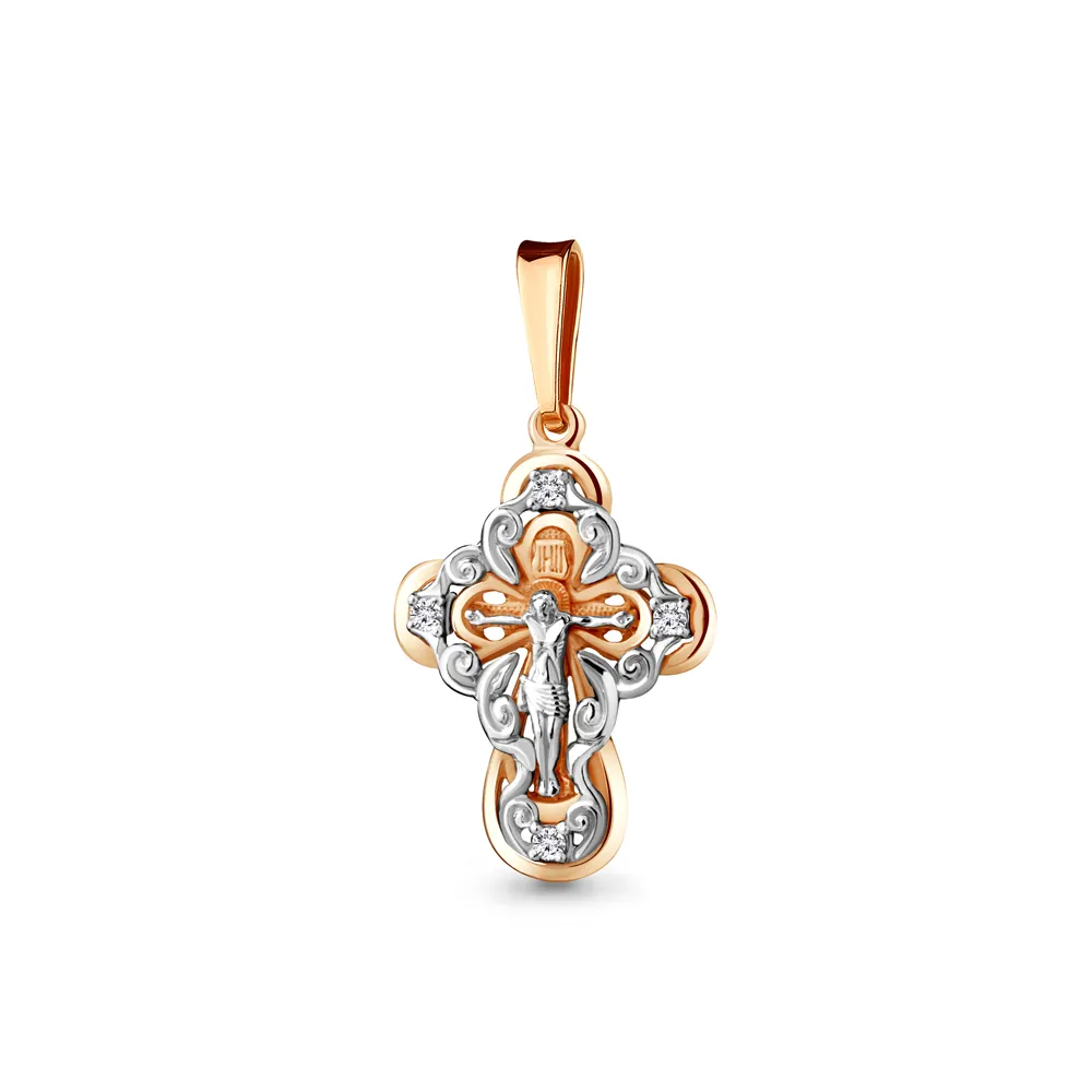 Cruce din aur roșu cu Cubic Zirconia Incolor