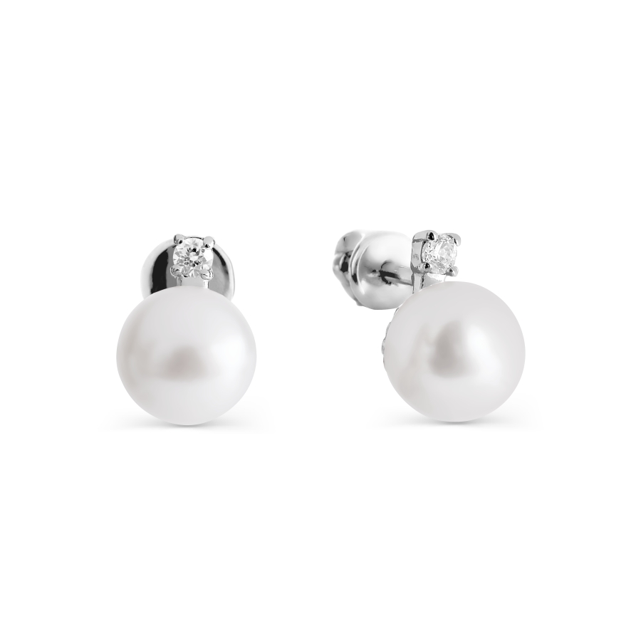 Cercei Pusete din aur alb cu pietre Cubic Zirconia Incolor, Perla Albă