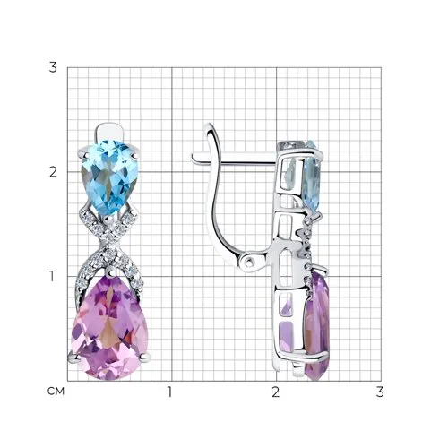 Cercei din argint cu Cubic Zirconia Incolor, Ametist și Topaz albastru