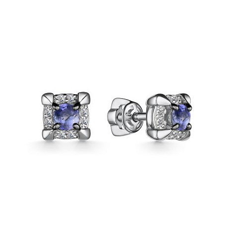 Серьги Пусеты из белого золота с камнями Бриллиант, Танзанит
