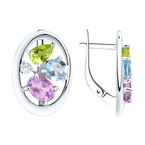 Серьги из серебра с камнями Фианит, Аметист и Топаз голубой