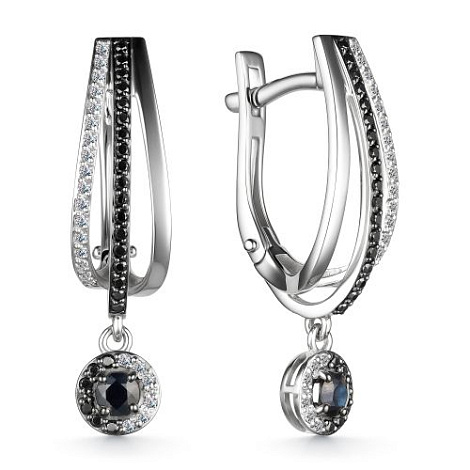 Cercei Suspendați din aur alb cu pietre Diamant, Diamant negru și Safir