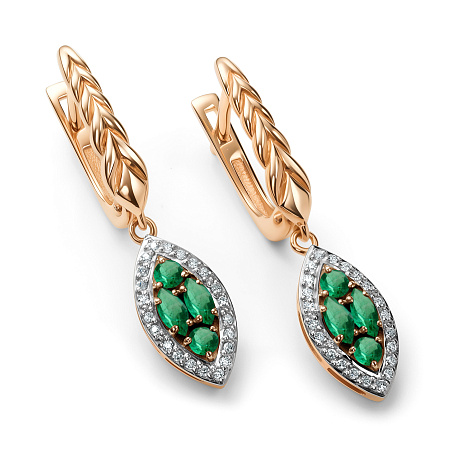 Серьги Длинные из красного золота с камнями Бриллиант, Изумруд
