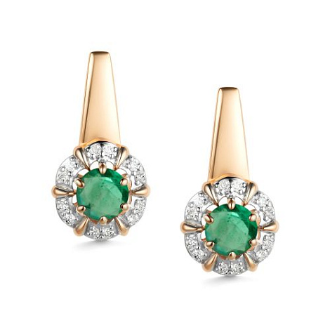 Серьги из красного золота с камнями Бриллиант, Изумруд