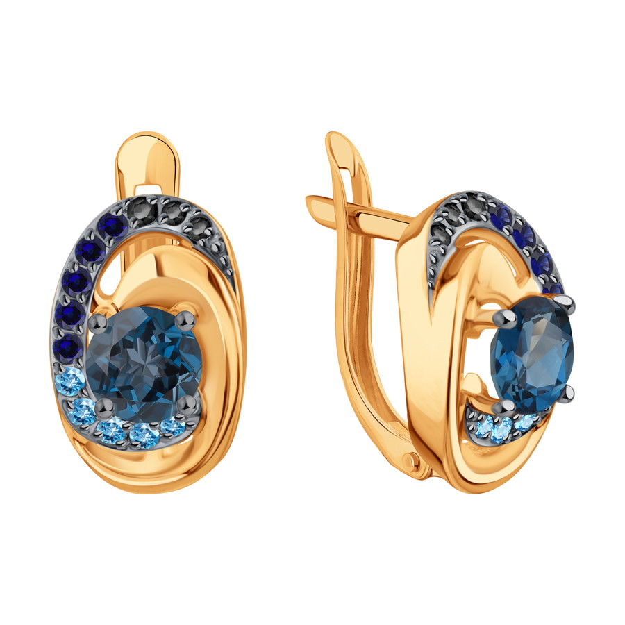Серьги из красного золота с камнями Фианит Синий, Фианит Синий Сапфир и Фианит Чёрный