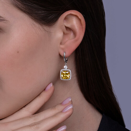 Серьги Длинные из серебра с камнями Фианит, Фианит Жёлтый