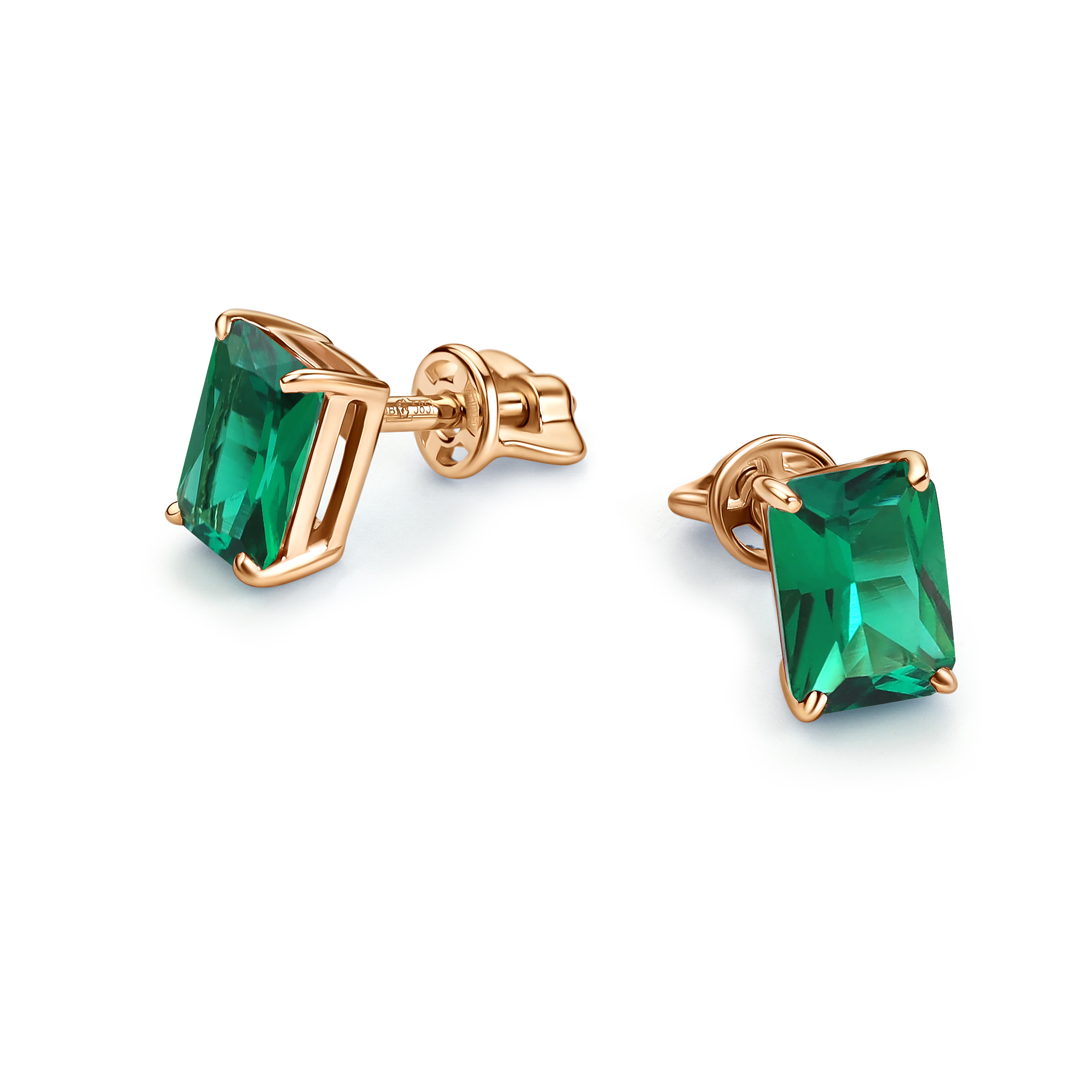 Серьги Пусеты из красного золота с камнями Изумруд гидротермальный